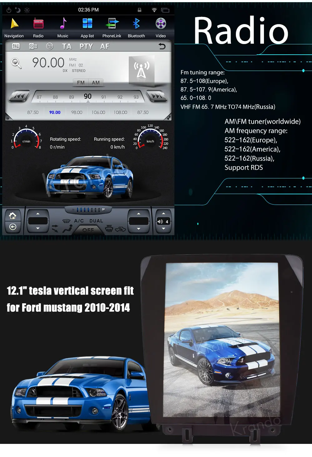 Krando Android 8,1 12,1 "Тесла вертикальный экран автомобиля радио gps навигация для Ford Mustang 2010-2014 мультимедиа системы wifi