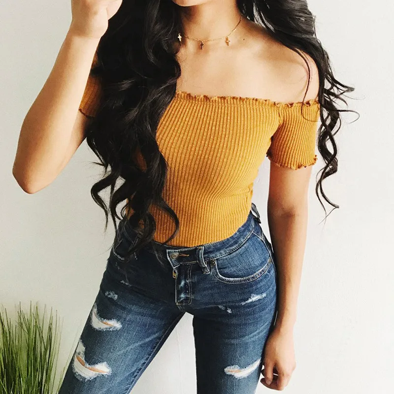 

Summer New 2019 Off Shoulder Tops T Shirts Hot Sale Short Sleeve Solid Short t-shirts For Women Clothing Fashion Slim tee shirt