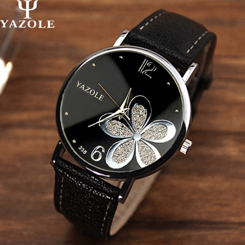 Yazole font b Watches b font Women 2016 Fashion Leather Strap Flower Female Clock Ladies Quartz