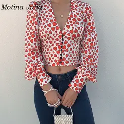 Motina Джулия 2018 Сердце печати Блузы на пуговицах рубашка для женщин с пышными рукавами укороченные блузки для малышек уличная Женский blusas