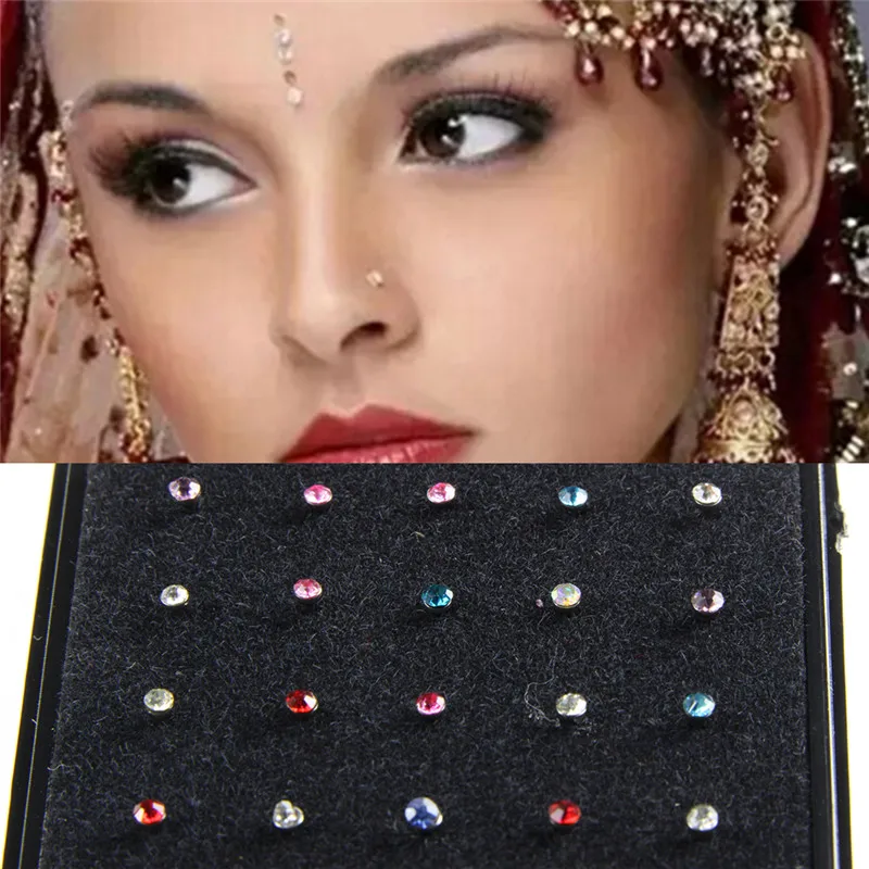 60pcs/lot Body Piercing Bone Stud Jewelry Crystal Rhinestone Stainless Steel Nose Ring