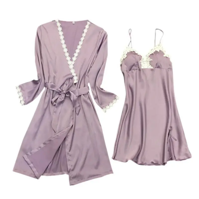 Женская сексуальная ночная рубашка и халат, комплект из 2 предметов, Сексуальная кружевная Пижама с атласной набивкой, женская одежда, Осенние ночные рубашки, ночная рубашка