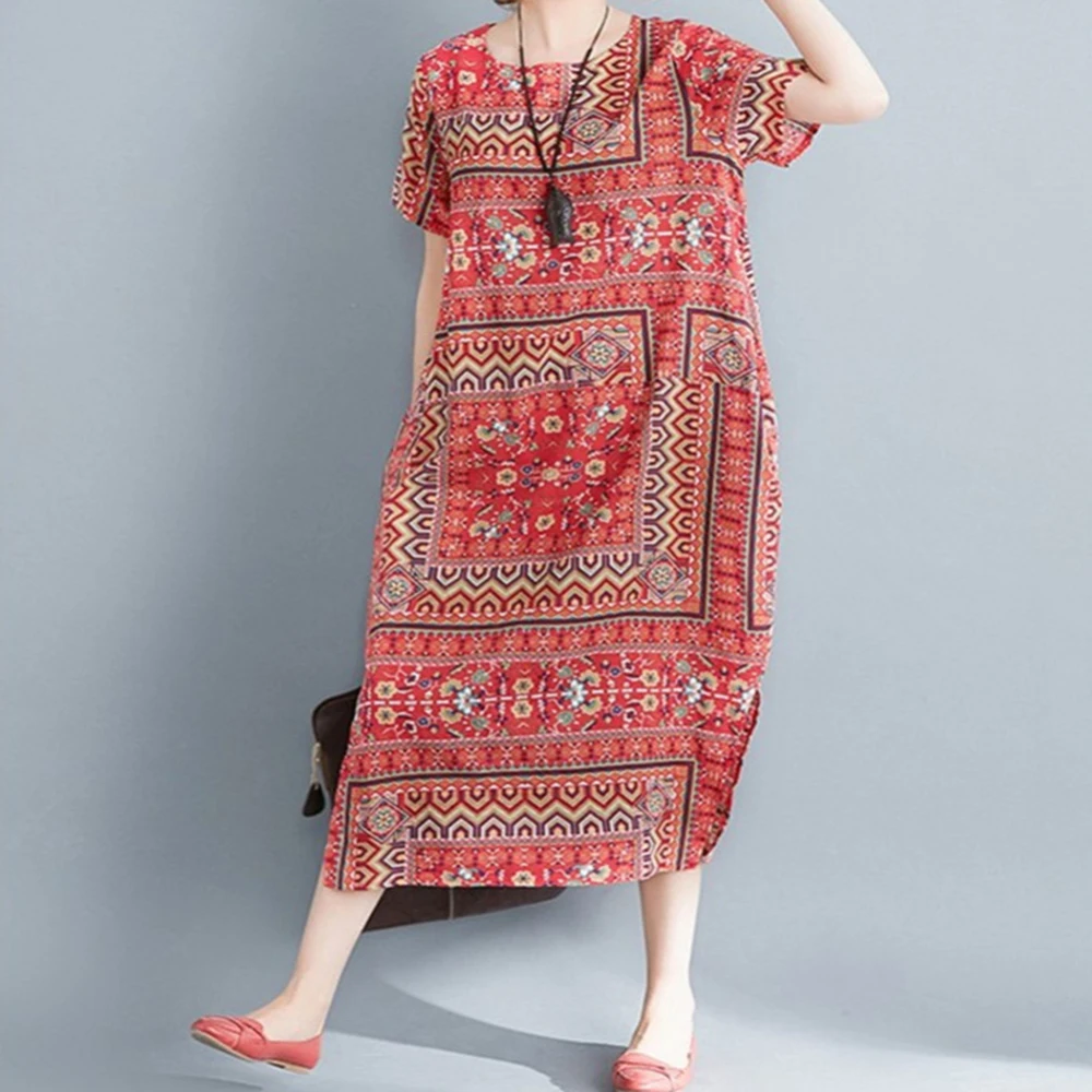 

2019 Newest Summer Cotton Linen Ethnic Style Short-Sleeved Dress Women Party Muslim T-Shirt Floral Print Loose Casual Long Dress