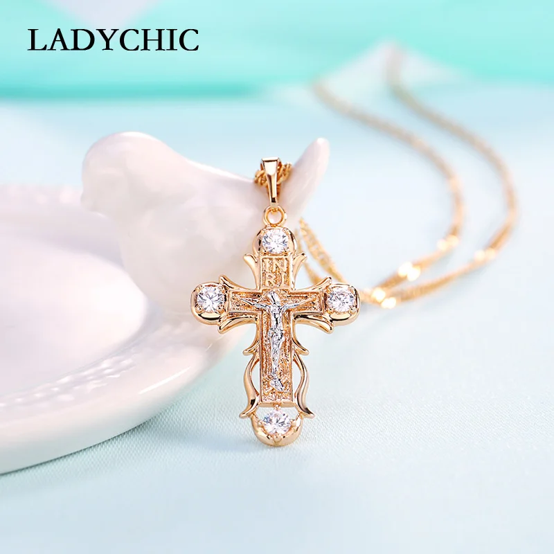 

LADYCHIC Fashion Women AAA Zircon Cross Pendant Gold Color Copper Crystal Jesus Cross Pendants Necklace Hip Hop Jewelry LN1060