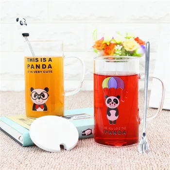 

2018 Kawaii Cartoon Panda Glass Cup High Quality Glass Coffee Cups Breakfast Cup with Lid Spoon Fruit juice Mugs For Lovers Kids