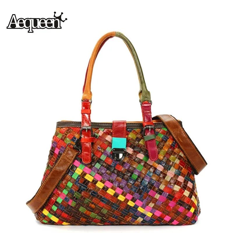 

AEQUEEN Vintage Genuine Leather Handbags Women Tote Bags Shoulder Bag Ladies Weave Crossbody Messenger Bags Ramdon Color