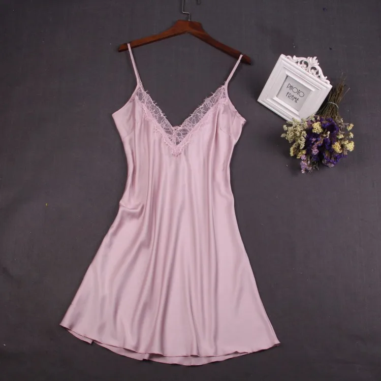 

Female Nightgown Summer Casual Home Dressing Gown PINK Satin Sleepwear Nightdress Sexy V-Neck Nightwear Intimate Lingerie