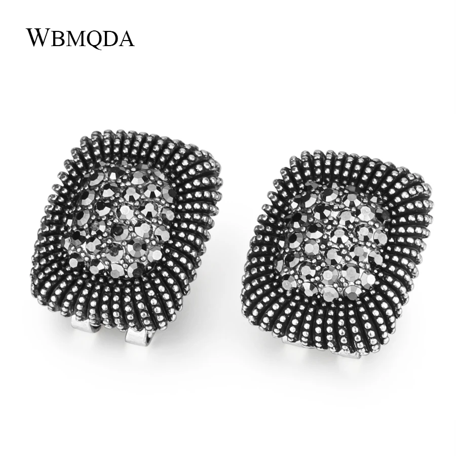 

Fashion Gray Crystal Stud Clip On Earrings For Women Antique Silver Color Punk Rock Rectangle Earings Vintage Jewelry Wholesale