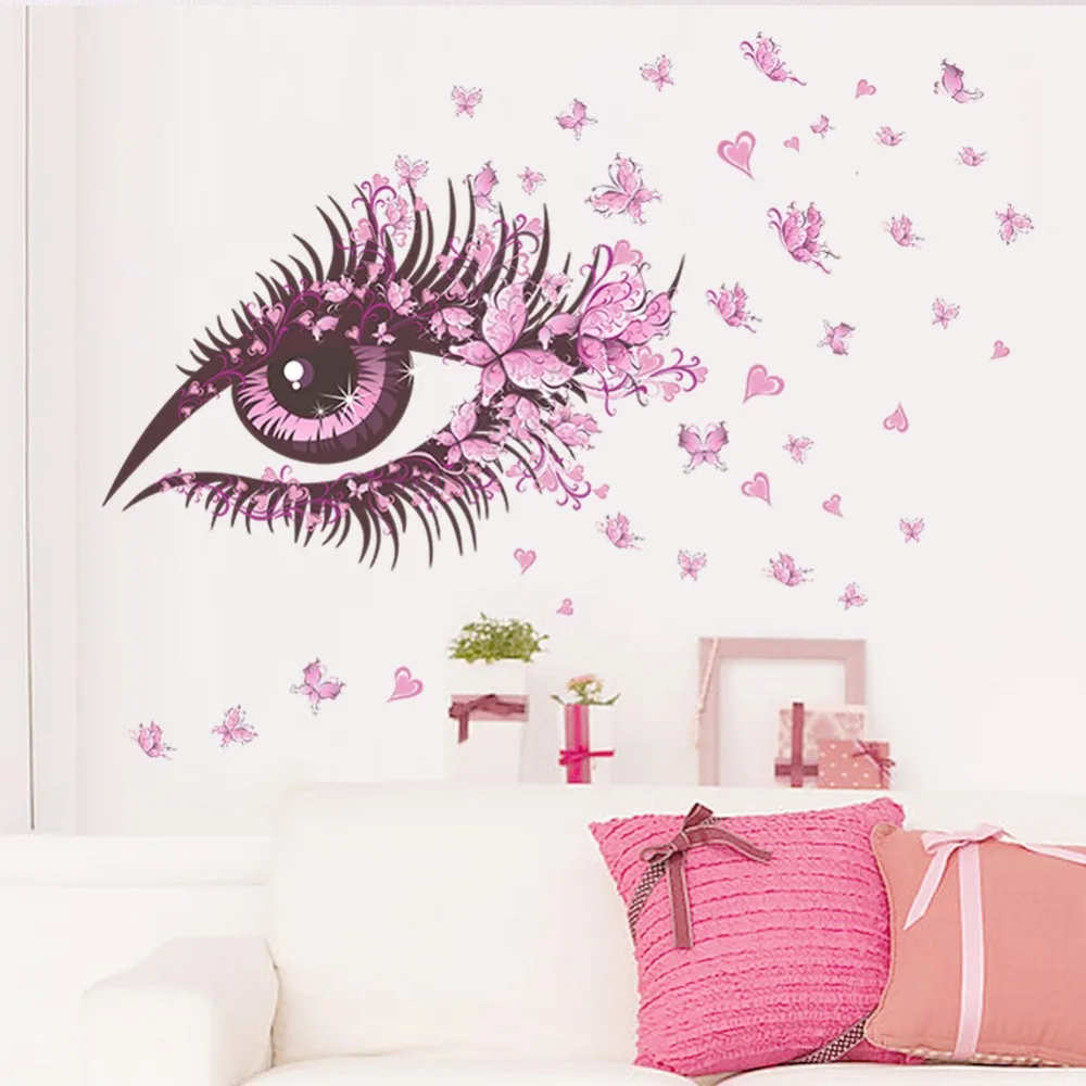 Розовый глаз творческая девочка номер ресниц с украшением в виде бабочки настенные наклейки, живопись красивые гостиной фон diy настенные наклейки