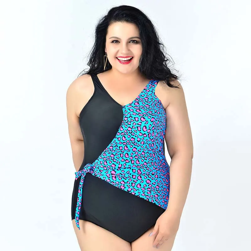 New 2016 Summer Style Plus Size Swimwear Women Patchwork Leopard Printed One Piece Swimsuit Plus