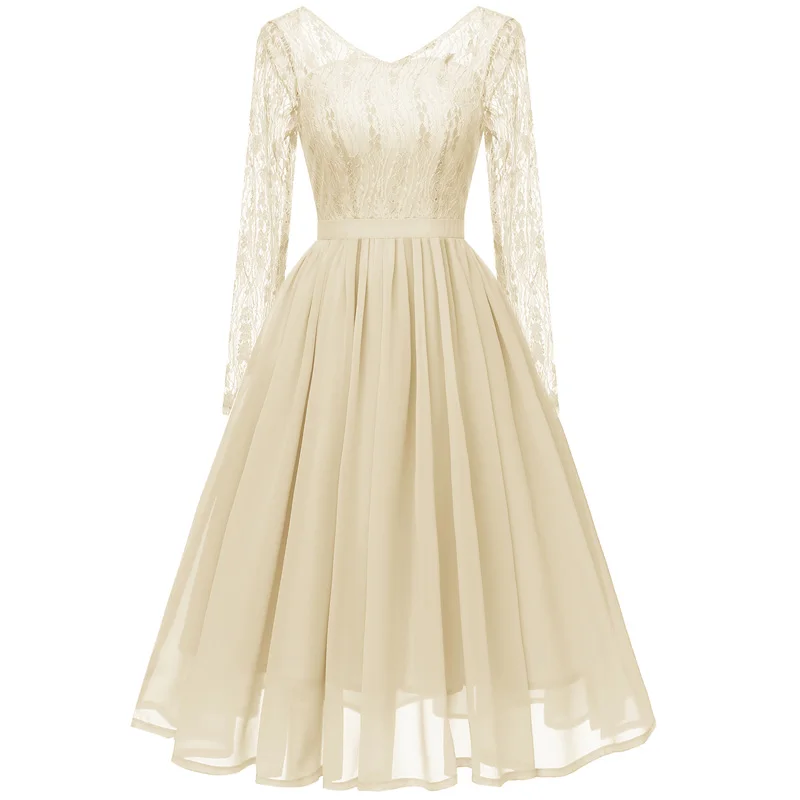 JLI может, винтажное кружевное платье с длинным рукавом, вечерние, Осенние, женские, шифоновые, с открытой спиной, простые, v-образный вырез, миди, формальные, свадебные, элегантные - Цвет: Apricot