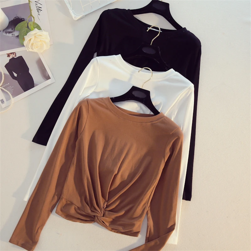 

2018 Spring And Summer New Arrival Korea Style Fashion Short Version Long Sleeve Round Collar Knot Tied Ins Popular Casual Tee