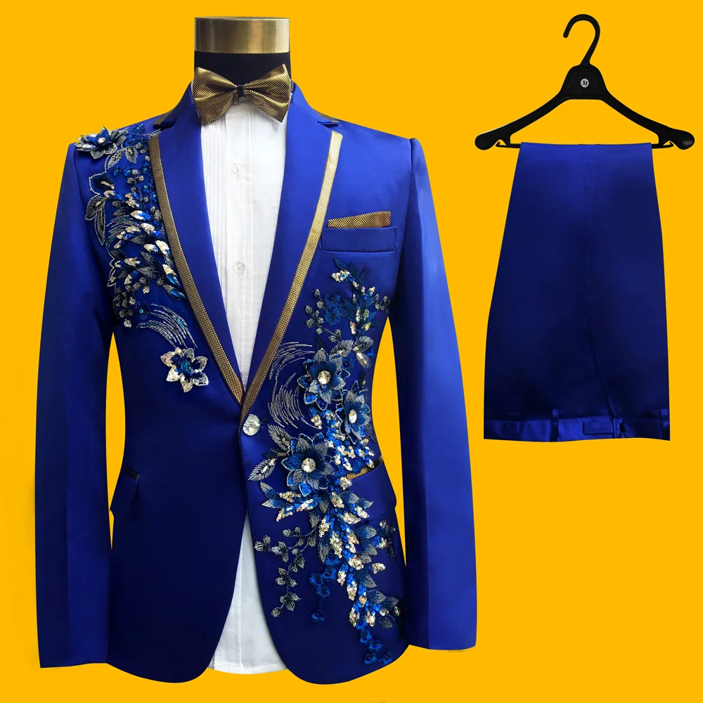 

(jacket+pants+tie+belt)male suit groom wedding prom party paillette red black instrument slim costumes blazers flower forma