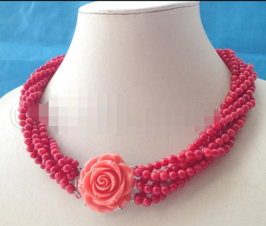 

FREE SHIPPING>>>@ new14075 Beautiful 17-19" 6row 5mm round red coral necklace