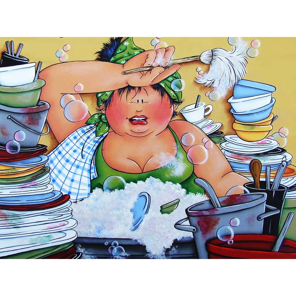 

Diamond Painting Cartoon Woman Washing The Dishes Diamond Embroidery Cartoon Picture Rhinestone Room Decoration a947