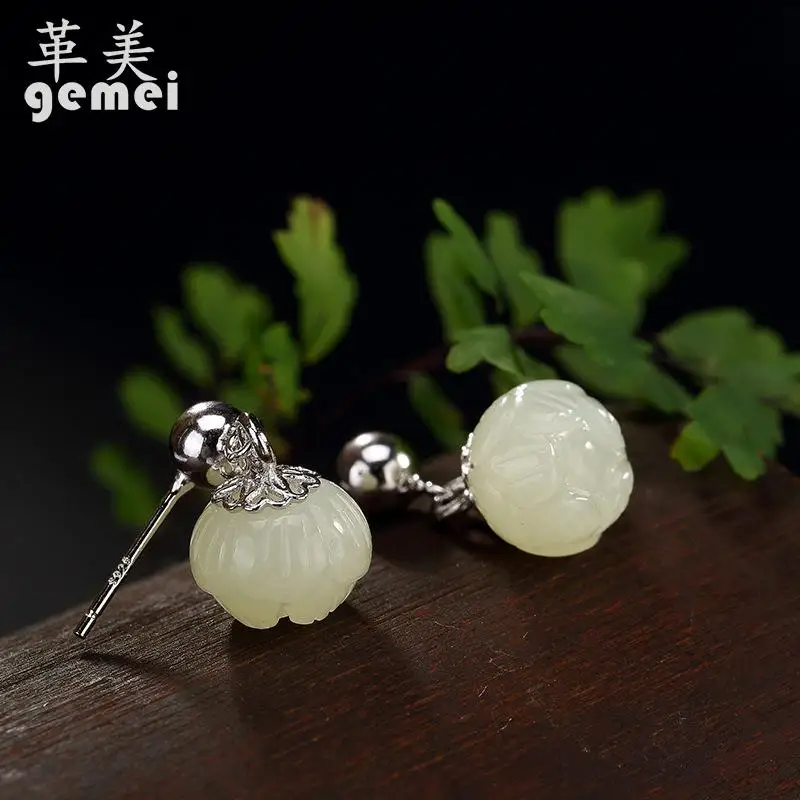 

Gemei High-quality Natural Stone Carved Fine Lotus Drop Earrings For Women 925 Sterling Silver Drop Earrings Jewelry Earrings