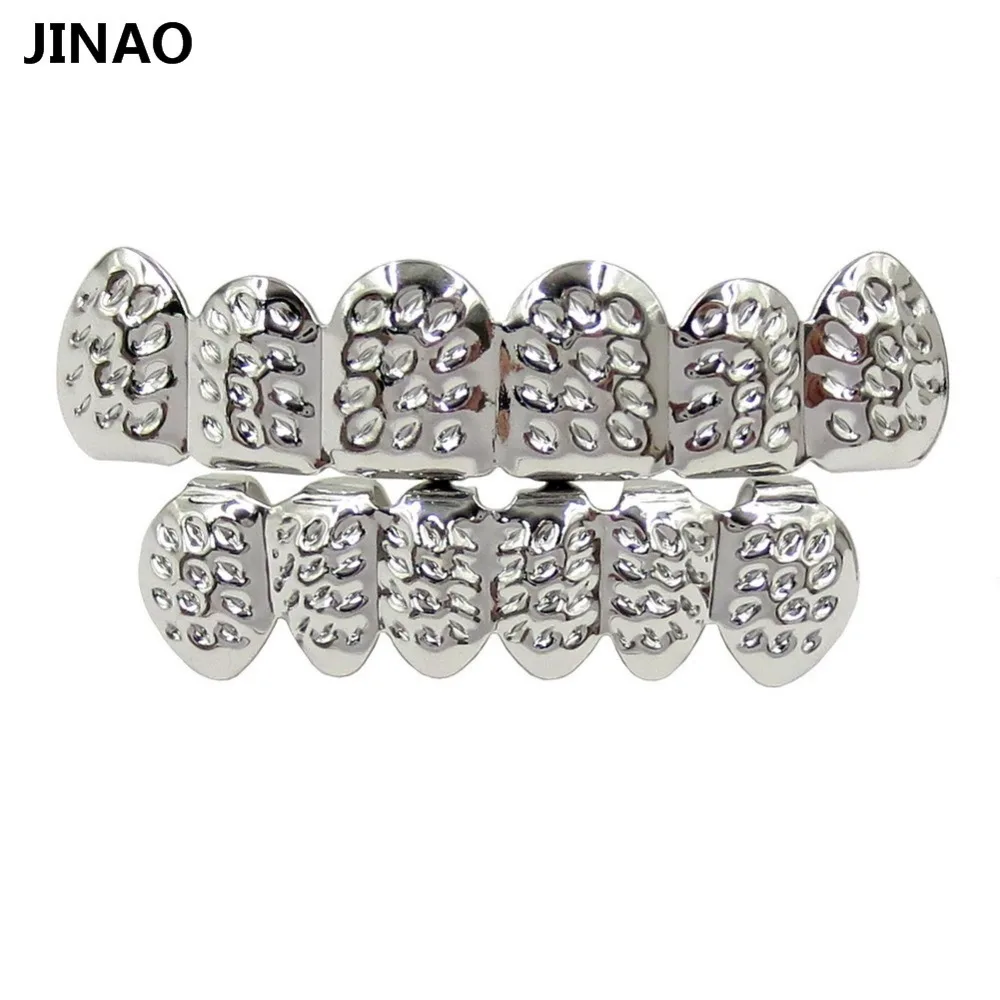 

JINAO Convex Shape Gold Color Plated HIP HOP Teeth Grills D-Cut Top & Bottom Grillz Set With silicone Vampire teeth Grill Set