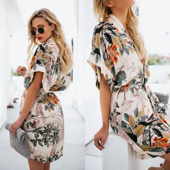 

New Style Womens Floral Bikini Cover Up Side Split Dress 2018 Ladies Summer Bandge Cardigan Beach Cape Dresses Sundress