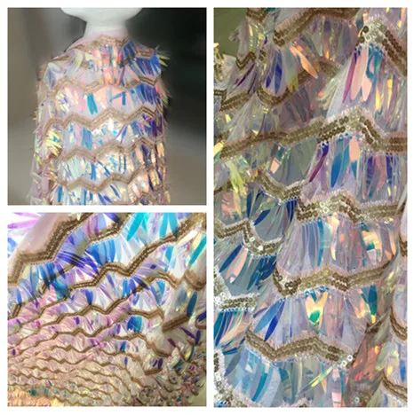 

2018 New Magic Pink Wavy Tassel Sequin Fabric Mesh Embroidery Laser Designer Diy Garment Material Fabric INS Hot 1 yard