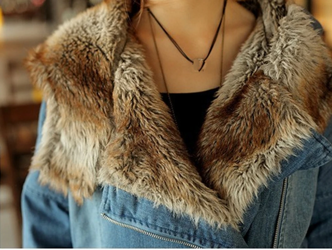 Wool Liner Woman Cotton Parkas ,2017 New Fur Line Hooded Thick Cotton Coat ,Super Warm Winter Denim Jackets