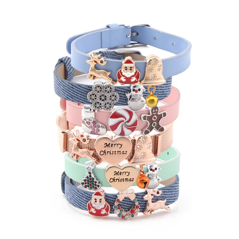 

SANSHOOR New Mixed Christmas Collection of Charms Santa Claus Bell Snowman Christmas Tree with Leather& Mesh Bracelet for Women