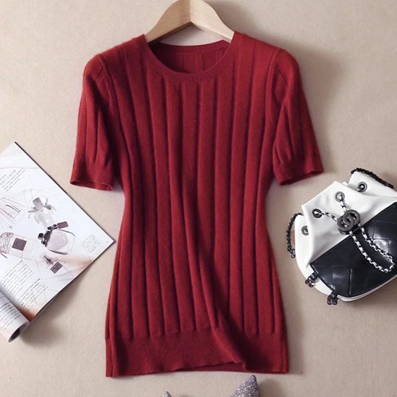 Spring New Type Knitted Short Sleeve Women's Slim Round-collar Korean Half-cut Sleeve Thin Bottom Shirt Spring New Type Knitted Short Sleeve Women's Slim Round-collar Korean Half-cut Sleeve Thin Bottom Shirt