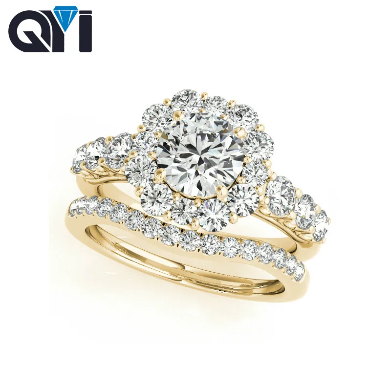 

QYI 14k Yellow gold Halo Ring sets 1 ct Round Moissanite Diamond Jewelry Single Row Engagement Wedding Rings For Women