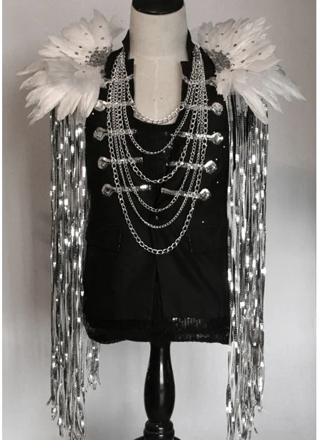 Handmade White or black feather Sequin tassel epaulette/epaulet shoulder/host performance costume blazer accessories wholesale