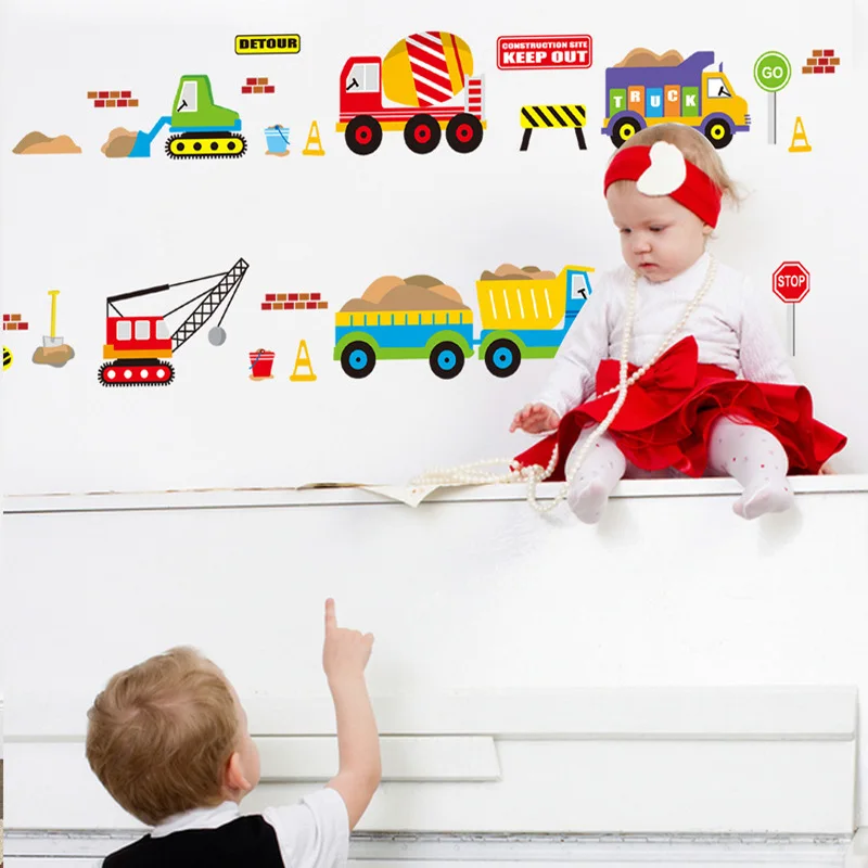 Cartoon Construction vehicles wall stickers Vinyl DIY Construction vehicles wall decals For Kids