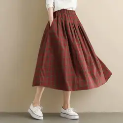 KYQIAO Женская винтажная клетчатая юбка Мори девочки осень весна японский стиль шикарная длинная красная клетчатая юбка миди faldas mujer moda