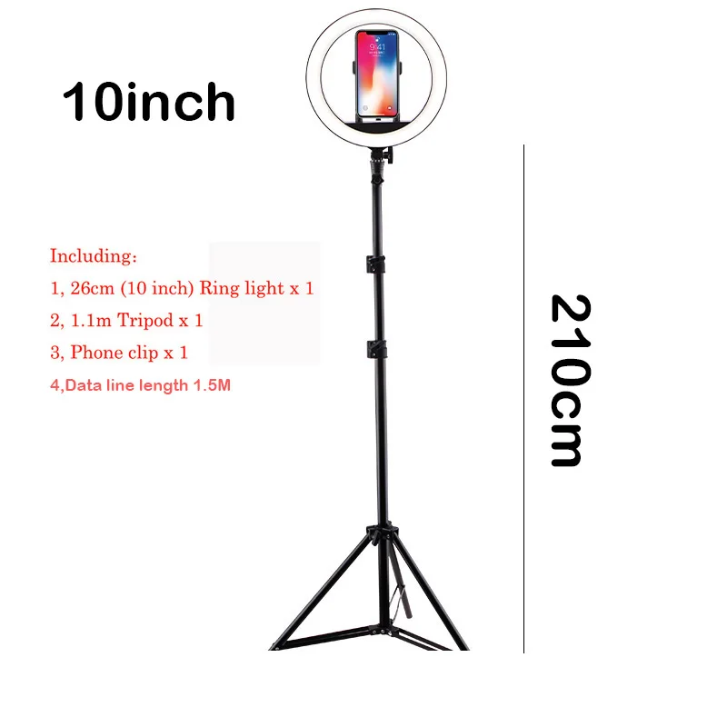 Светодиодный кольцевой светильник для селфи 10 дюймов с регулируемой яркостью, кольцевой светильник для камеры телефона с подставкой, штативы, зажим для телефона для макияжа, видео в живую студию - Цвет: 10inch 210cm Tripods