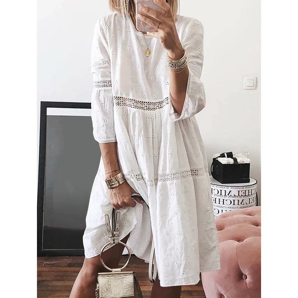 Autumn Bohemian Loose Dress Plus Size Women NEW Arrival Solid O-Neck Empire Hollow Out Splice 3/4 Sleeve Dress платье Wholesale - Цвет: Белый