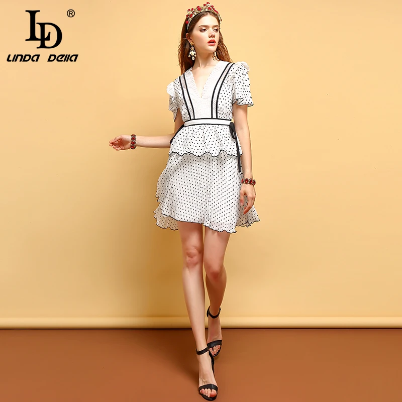 

LD LINDA DELLA 2019 Fashion Summer Dress Women's Sexy V-Neck Backless Ruffles Bow Tie Dot Printed Elegant Vintage Mini Dresses
