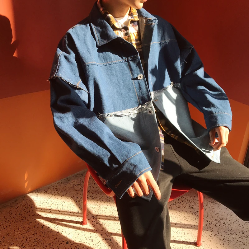 2018 New Men's Casual Bomber Streetwear Denim Jacket Male Spelling Color Cowboy Outerwear Loose Clothes Hip Hop Style Coats 2XL