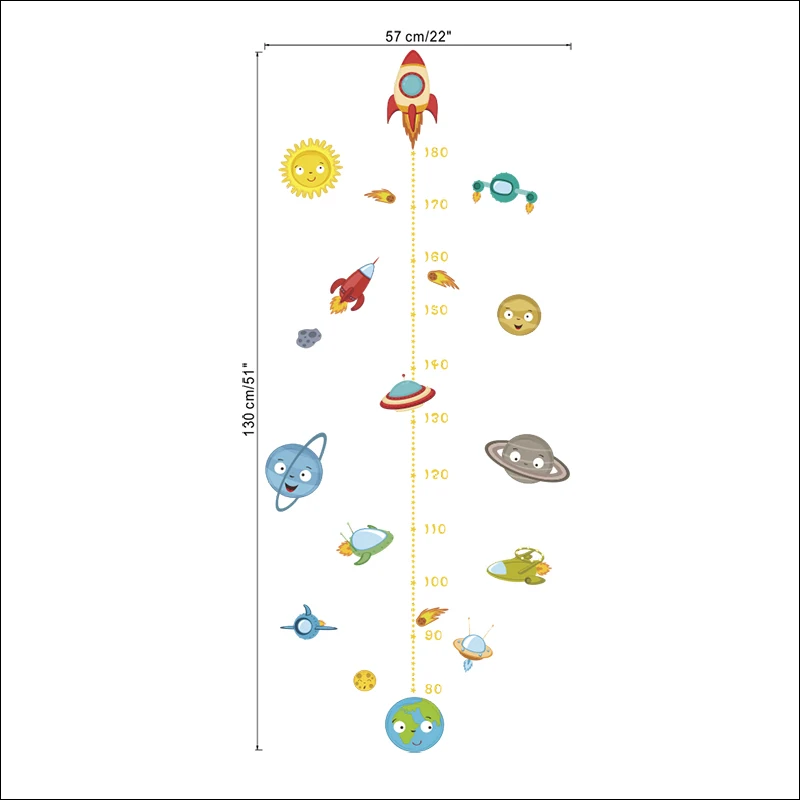 Мультфильм солнечная система ракета измерения высоты наклейки на стены для детей комнаты космическое небо наклейки на стены Рост Диаграмма настенное искусство