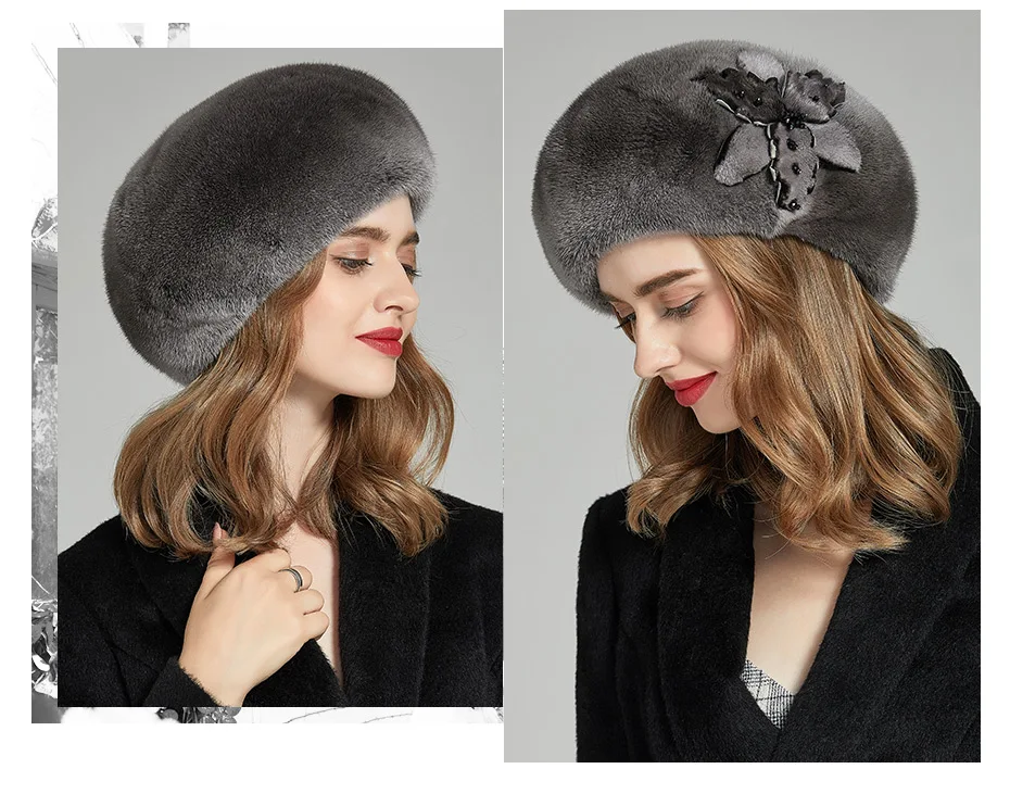 Женская меховая шапка ENJOYFUR, теплая шапочка-берет из цельного куска натурального меха норки с цветком на зиму