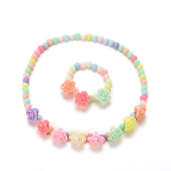 

Lovely Kids Necklaces Bracelet Multicolor Candy Beaded Bubblegum Necklace Rose Shaped Baby Girl Party Jewelry