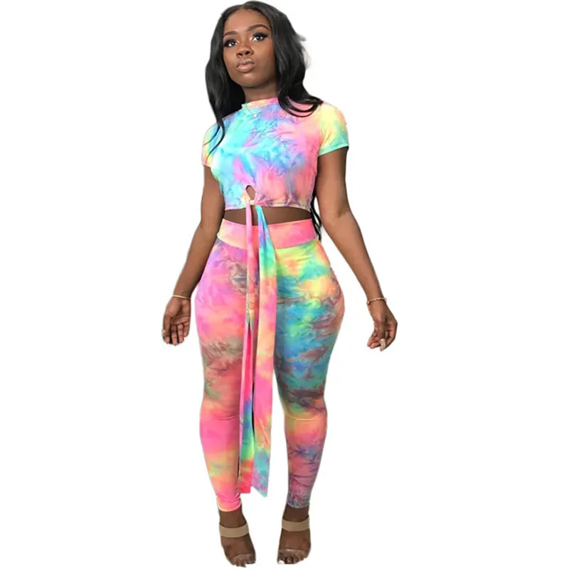 

Casual Women Two Piece Set Top and Calf Length Pants Set Summer Tracksuit Sweat Suit Tie Dye Print Women 2 Piece Set Outfits