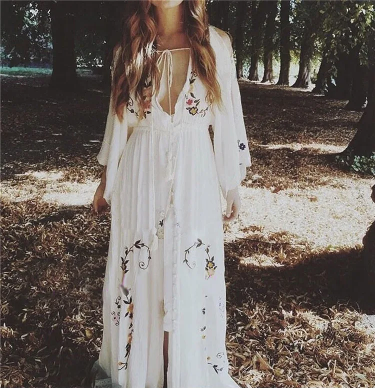 

2018 Women's Floral Embroidery Loose Dress Long Sleeve Ruffles Chic Vintage Maxi Dress White Ethnic Party Elegant Dress Vestidos