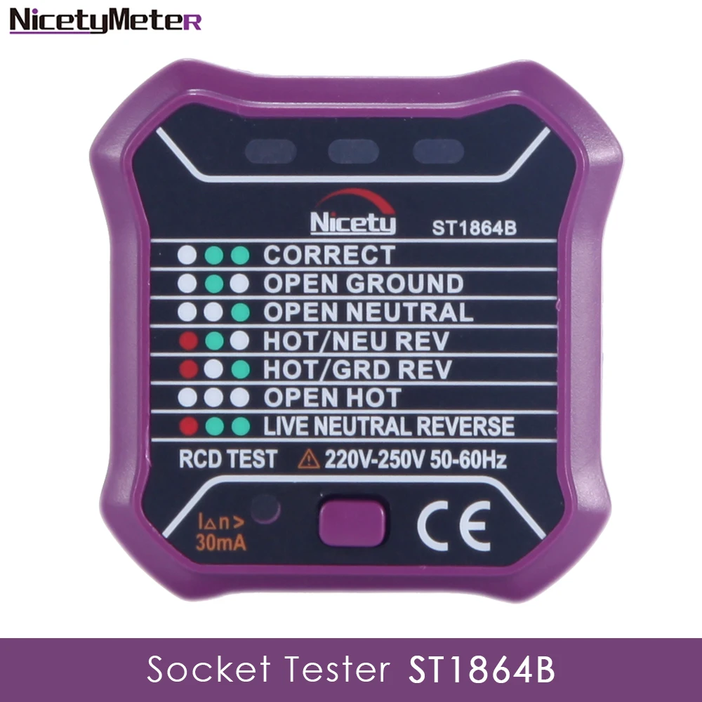 

Nicetymeter ST1864B Socket Testers Voltage Test Socket detector EU Plug Ground Zero Line Plug Polarity Phase Breaker Check