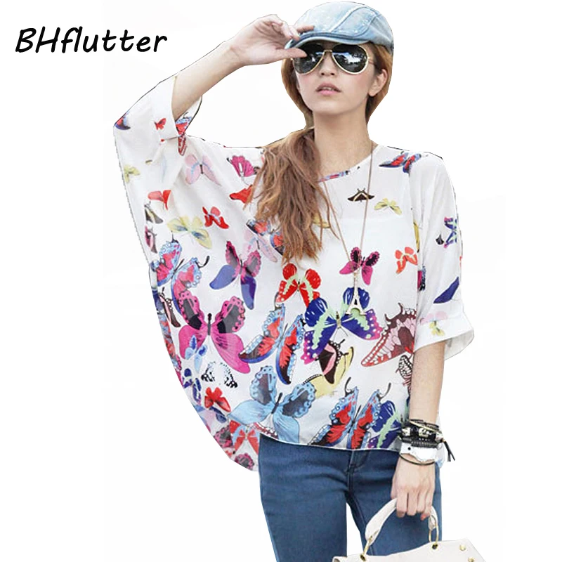 

Blusas Summer Tops Plus Size Women Clothing 2018 New Style Batwing Sleeve Women Blouses Floral Print Women's Chiffon Shirts