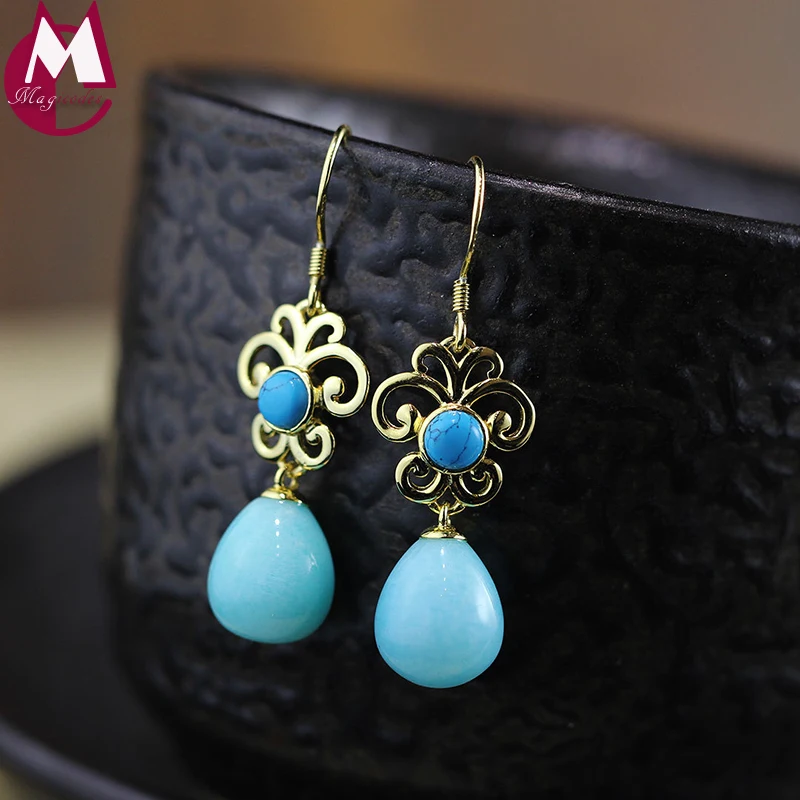 Water Drop Amazonite Gold Color Hollow Design Round Turquoise Wedding Gemstone Jewelry 925 Sterling Silver Earrings For Women Water Drop Amazonite Gold Color Hollow Design Round Turquoise Wedding Gemstone Jewelry 925 Sterling Silver Earrings For Women