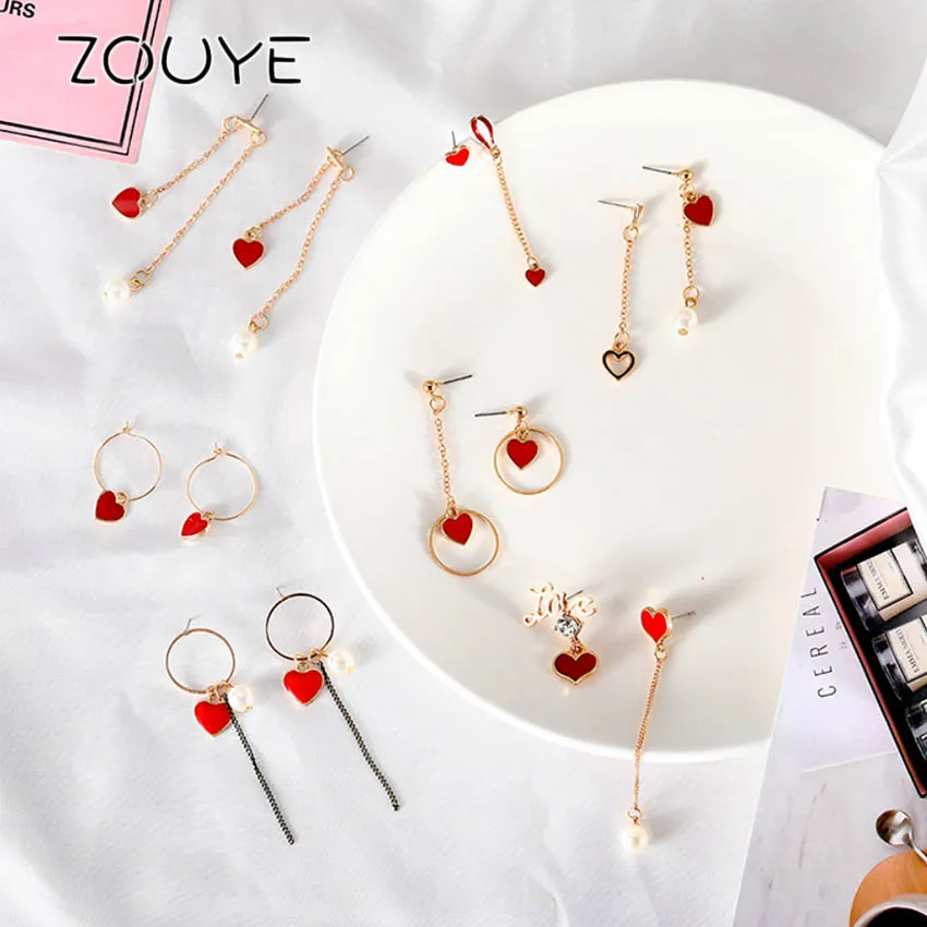 ZOUYE асимметричное Красное сердце любовь кисточки висячие серьги Beaut Лето Фея