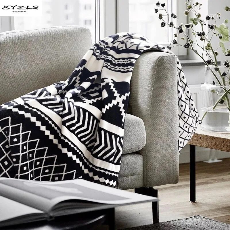 Скандинавское Хлопковое одеяло черно-белое геометрическое трикотажное покрывало s для кровати, чехлы для дивана, мягкое вязаное одеяло для дома и путешествий 130x180 см