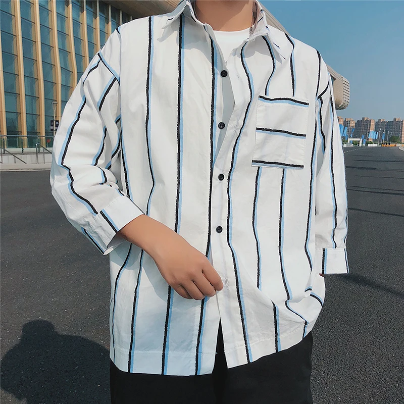 

Mens half sleeve striped cotton shirts men Korean 5xl hip hop streetwear oversized casual shirt dress clothes 2019 CS20