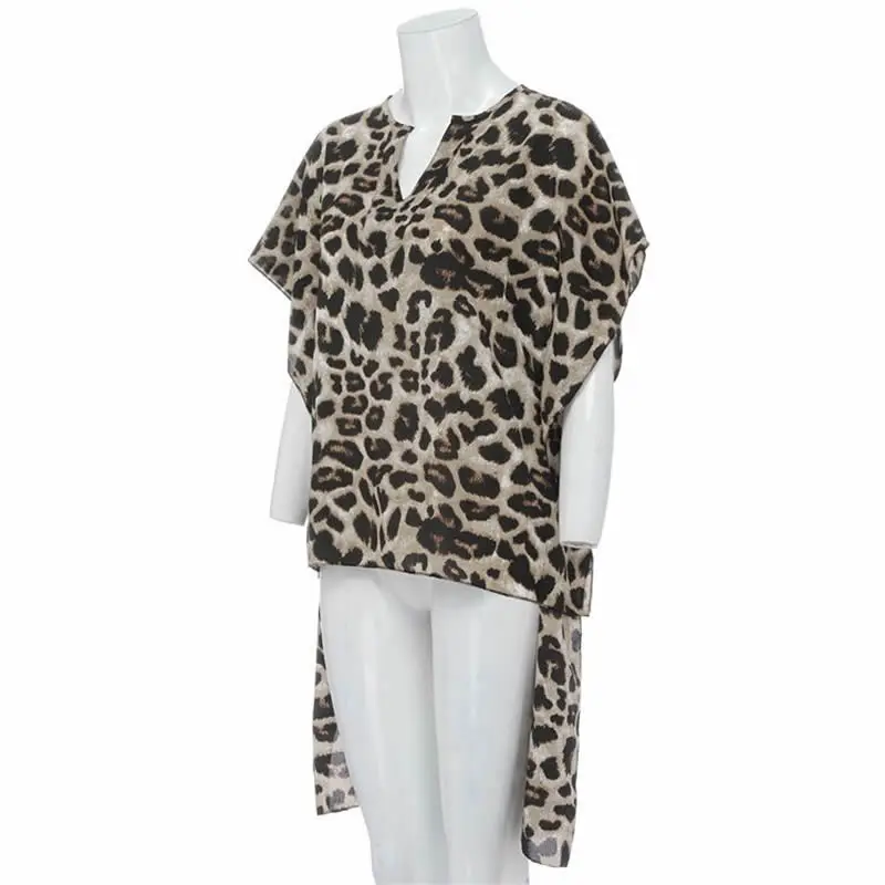 Fashion Women's Casual  Blouse Half Flare Sleeve Long Shirt  Summer Ladies Irregular Leopard Print V-Neck Womens Tops and Blouse