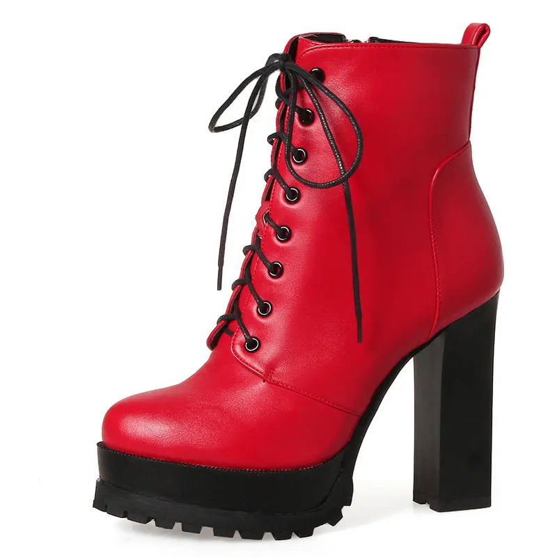 

Women Ankle Boots Platform Block High Heels Boots Lace Up Woman Boots Winter Autumn Black Red Army Green Boots Plus-Size 2019