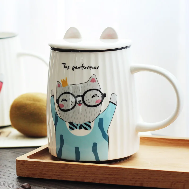 500 мл милый кот Керамика фарфоровая кружка с крышкой Кофе чашка | овсянка воды, молока Чай Кофе чашку посуда для напитков с ложкой