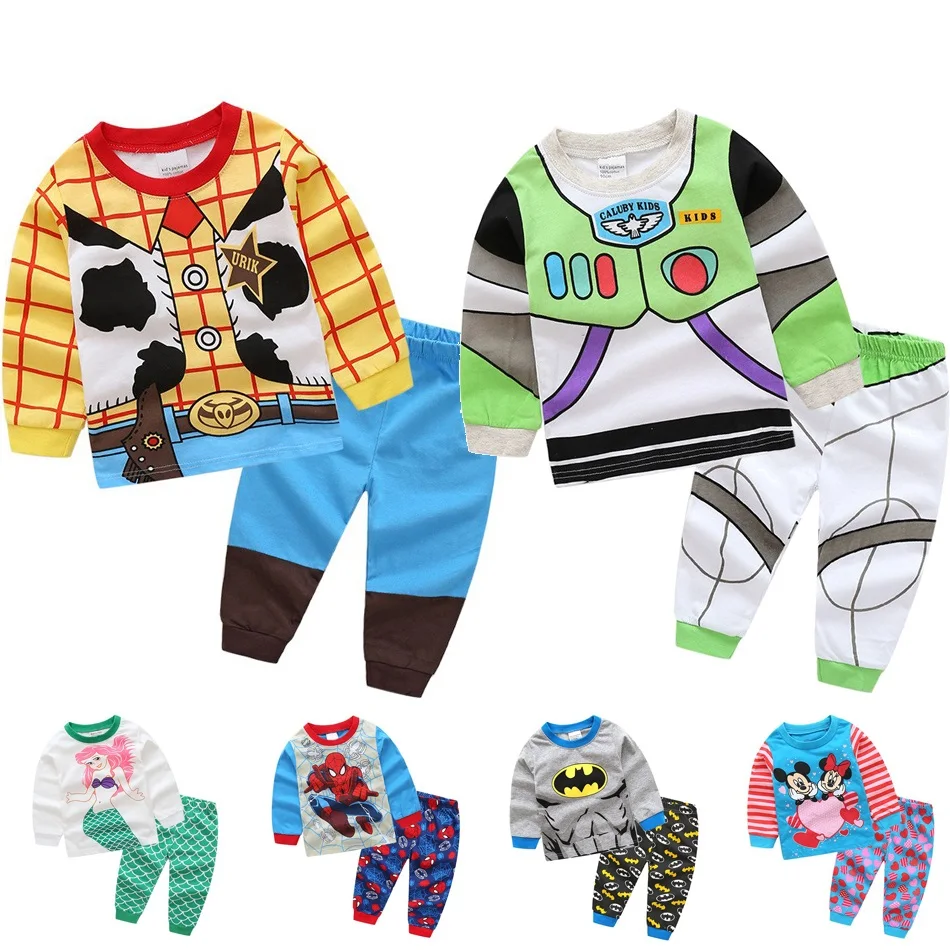 

MUABABY Kids Pajamas Clothes Cartoon Toy Story Woody Buzz Lightyear Sleepwear Children Boys Girls Mickey Minnie Elsa Pyjamas Set