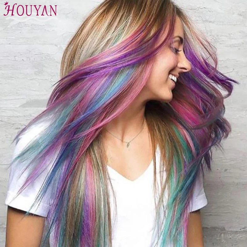 

22" Long Straight Hairpiece Colored Highlight Synthetic Hair Extensions Clip In One Piece Color Strips Hair Accessories HOUYAN
